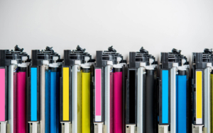 Laser printer toner cartridges on background