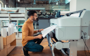 Side view of person waiting for poster to print