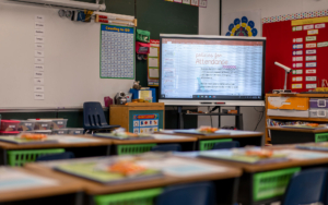 View of interactive board inside classroom