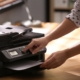 Side view of a woman operating a printer